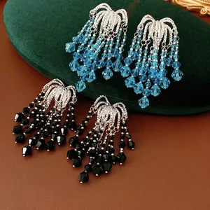 Long Tassel Drop Earrings Made Of Glass Beads And Copper With Silver Earring Post Luxury Fashion Jewelry For Women