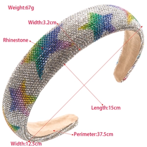 Padded rhinestone headband with colorful crystal star patterns and detailed dimensions