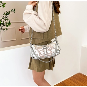 Borsa a spalla argento Y2K con ricamo a farfalla rosa e dettagli con stelle
