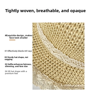 Detailed close-up of straw beach hat featuring tight weave and white lace floral trim