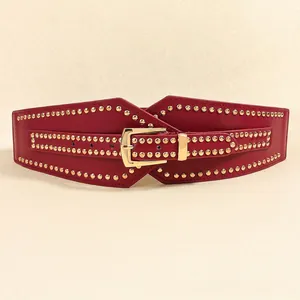 Red wide elastic waist belt with gold rivet studs and square buckle for women