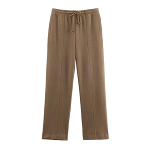 Brown soft knit tracksuit set featuring high-waist drawstring wide-leg pants and hoodie