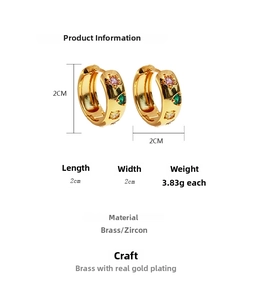 Detail view of 2cm gold-plated brass hoop earrings with colorful zircon inlays