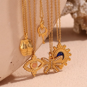 18K gold-plated stainless steel necklace set with butterfly and evil eye natural stone pendants
