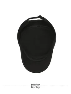 Interior view of black cotton flat top hat with adjustable metal buckle and strap