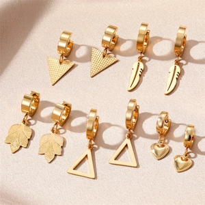 Geometric Dangle Hoop Earrings Stainless Steel Heart Leaf Feather Triangle Charm Vintage Hip Hop Gold Plated Jewelry
