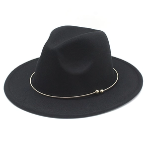 Detail of black wool fedora featuring a slim gold metal band with twin decorative beads