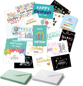 Variety of 3D pop-up birthday cards with colorful illustrations and matching envelopes