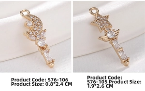 Detail of star, moon and wing pendants with cubic zirconia for DIY jewelry making