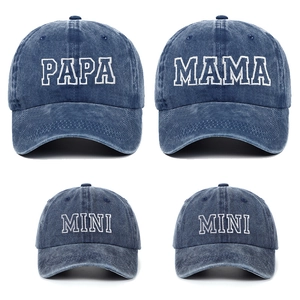Family set of four washed cotton baseball caps with PAPA, MAMA, and MINI embroidery