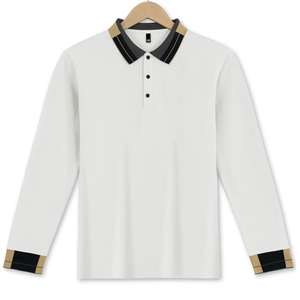 Men's white long sleeve waffle polo shirt with striped collar and ribbed cuffs