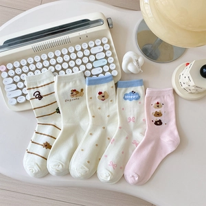 Women Crew Socks Cotton Breathable Cartoon Puppy Bear Pattern Casual Daily Japanese Kawaii Style Sweet