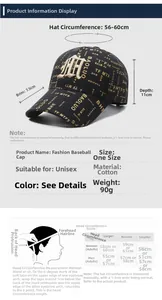 Guide des tailles pour casquette de baseball avec tour de tête 56-60cm et détails en coton