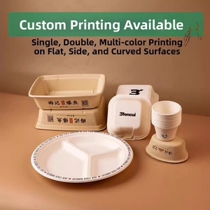 Detailed view of eco-friendly sugarcane pulp tableware with custom printed logo designs