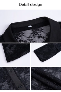 Close-up of black floral lace fabric texture and button details on Y2K cardigan