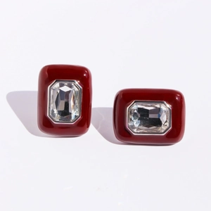 Vintage Enamel Ancora Red Square Stud Earrings For Women Brass Gold Plated Rectangular Rhinestone Earrings Artistic Jewelry