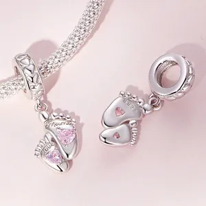 S925 sterling silver baby feet charm with pink heart and Mama engraving for bracelets