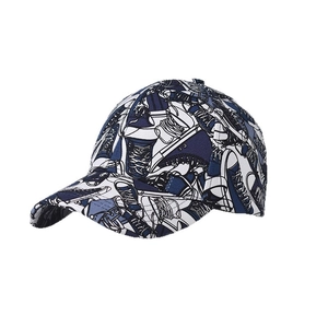 Unisex baseball cap with cartoon sneaker print in blue, white, and black tones