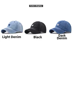 Detailed comparison of washed denim baseball caps with 'W' embroidery in three colors
