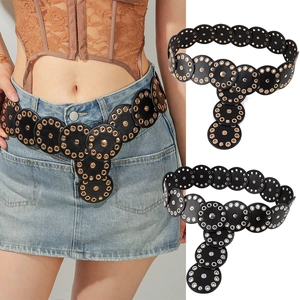 Punk Style Round Disc Corset Belt PU Leather With Metal Grommet Rivet Decor And Snap Button For Women Versatile Dress Waistband