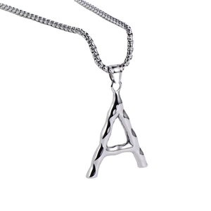 Polished silver letter A pendant necklace with irregular lava texture on box chain