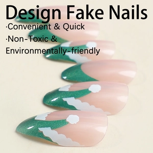 French green ballet almond press-on nails with white wave patterns and glitter finish