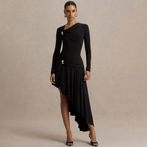 Close-up of black ruched dress featuring gold decorative buckles on shoulder and waist