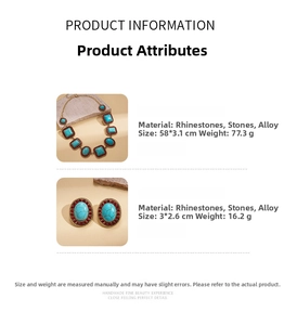 Detail of bohemian jewelry set with turquoise stones and red rhinestones on gold base