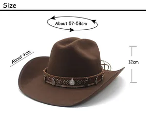 Detailed size chart for brown felt western cowboy hat with ethnic style coin band