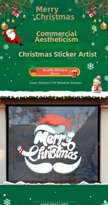 Detail of UV printed Merry Christmas window sticker with Santa hat and beard design
