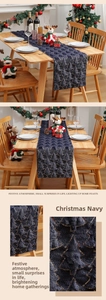 Close-up of Navy Blue Christmas table runner with sequined 3D pine tree embroidery detail