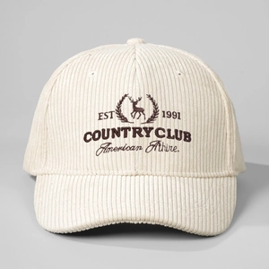 Retro ivory corduroy baseball cap featuring EST 1991 elk embroidery and American attire style