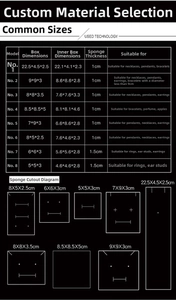 Size guide for velvet jewelry boxes showing dimensions and internal sponge slit layouts