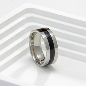 Minimalist wide band stainless steel ring with black enamel inlay in silver tone