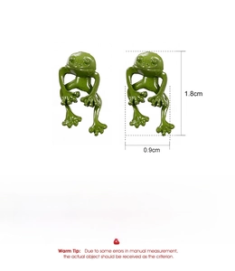 Detailed view showing dimensions and materials of green frog alloy stud earrings