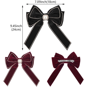 Barrette à cheveux double nœud en velours avec perles et strass en noir et rouge bordeaux