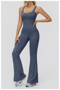 Close-up of the cross-back design and high-elastic fabric of the grey-blue yoga jumpsuit