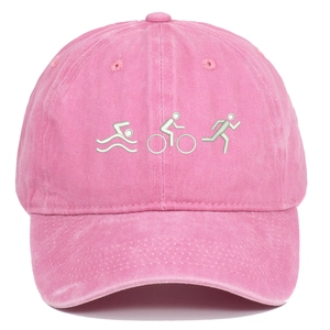Macro detail of triathlon sport embroidery on pink washed cotton baseball cap