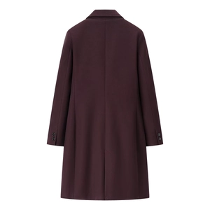 Deep burgundy long-sleeved wool coat for women with shoulder pads and back view
