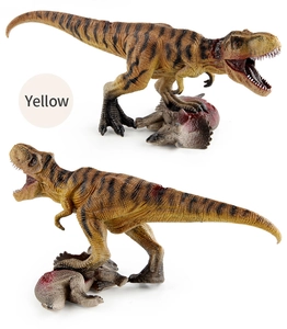 Dual-side macro view of yellow T-Rex dinosaur model preying on Triceratops toy
