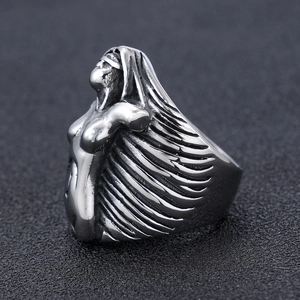 Vintage punk style stainless steel relief ring featuring a goddess figure bust sculpture