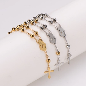 Rosary Beaded Bracelet 304 Stainless Steel With Cross Pendant Praying Hands Virgin Mary Medal Religious Fashion Jewelry
