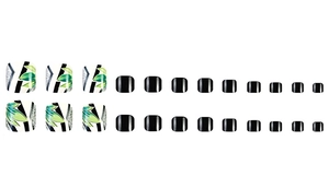 Detail view of green leaf patterns and black glossy press-on toenails set