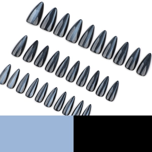 Set da 30 unghie finte blu gatto a mandorla medio lunga con finitura scintillante