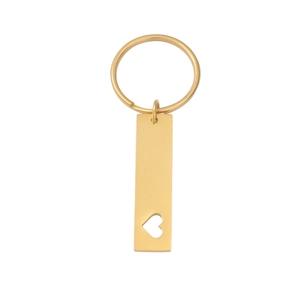 Gold stainless steel rectangle keychain with hollow heart detail on white background