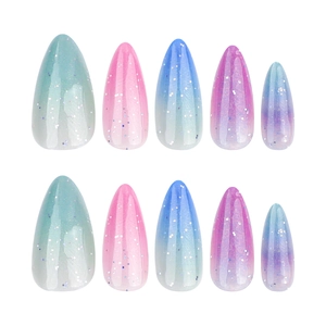 Colorful gradient glitter press-on nails with almond shape and pearl cat-eye finish