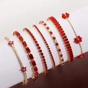 Classic tennis bracelets with red round zircon stones and elegant gold plating