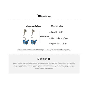 Detailed size specifications for vintage butterfly floral drop earrings with blue enamel