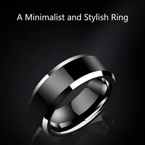 Minimalist 8mm polished stainless steel ring with silver and black beveled edges