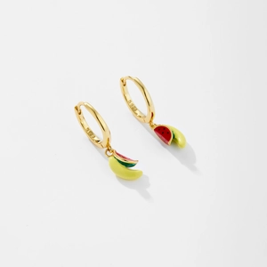 Close-up of S925 sterling silver fruit earrings featuring watermelon and banana charms